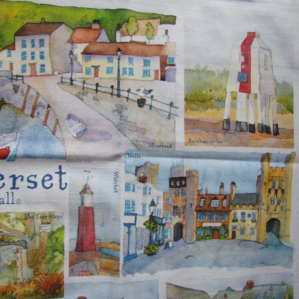 ENGLISH TEA TOWEL, SOMERSET SCENES in WATERCOLOR: BATH, DUNSTER CASTLE, WELLS ++